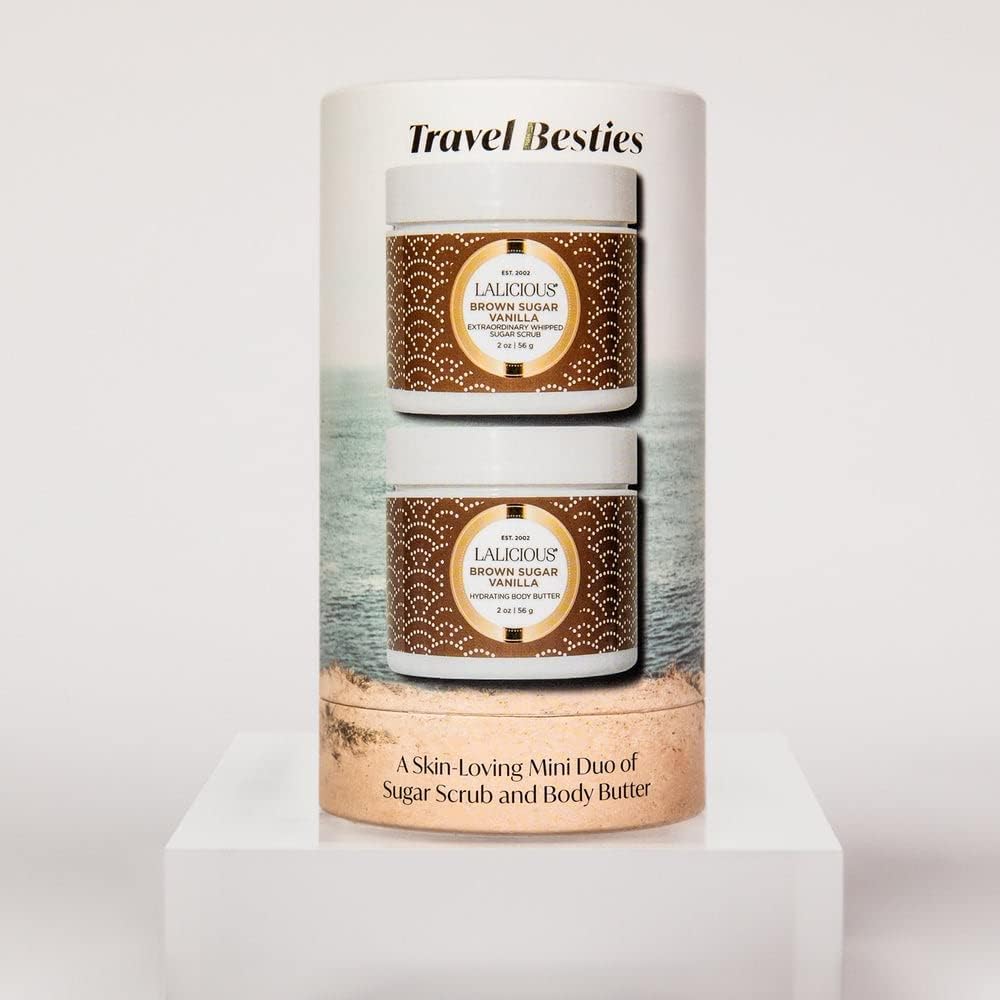 LALICIOUS Brown Sugar Vanilla Travel Besties - 2 Piece Gift Set Includes Travel Size Whipped Sugar Scrub (2oz) & Hydrating Body Butter (2oz) | Moisturize, Hydrate & Nourish Skin