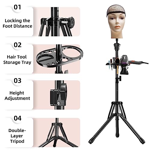 ?? Wig Head Stand Tripod - Reinforced Mannequin Stand, Adjustable Height 31" - 57" Wig Stand for Styling, Cosmetology Hairdressing Training with Wig Caps, T-Pins Hair Clips