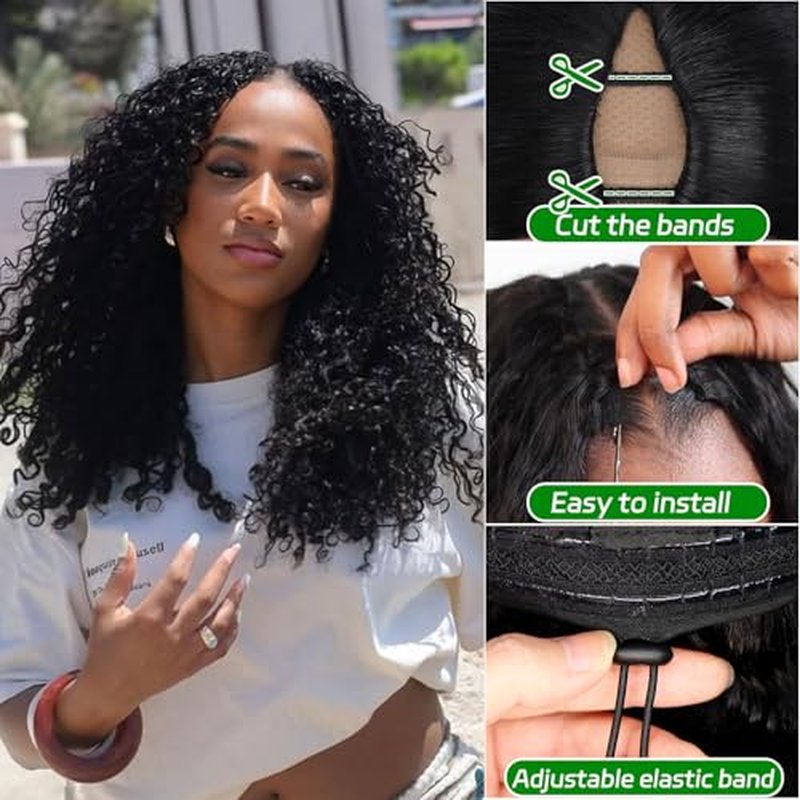 V Part Wig Human Hair Kinky Curly U Part Wig for Women Jerry Curly Glueless Upgrade V Part Clip in Half 180% Density No Leave Out No Sew in Natural Color 20Inch