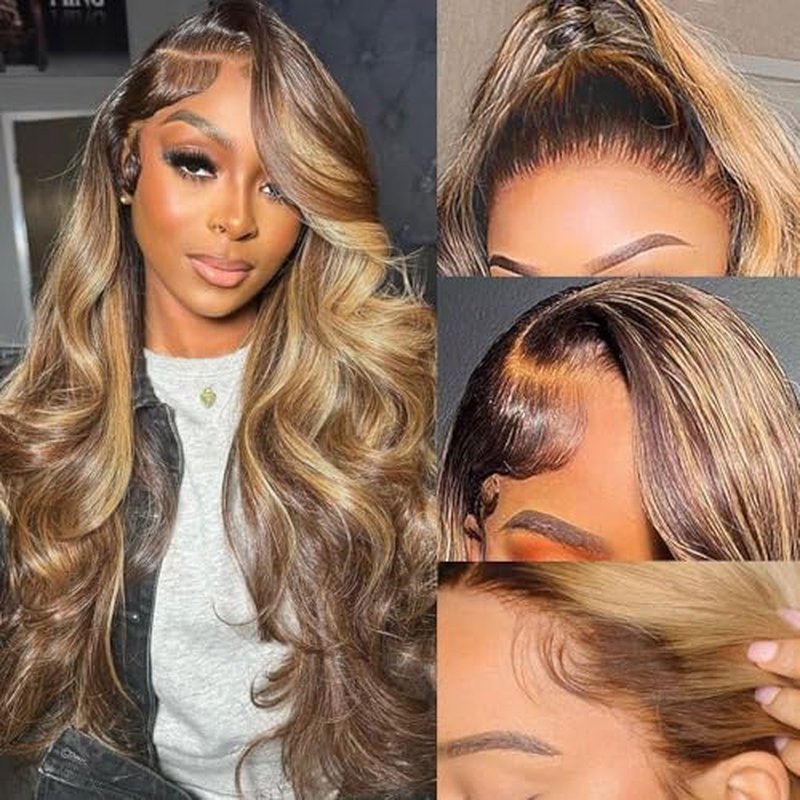 28 Inch Highlight Lace Front Wig Human Hair Ombre for Women 13x6 Body Wave Honey Blonde HD With Baby Hairline