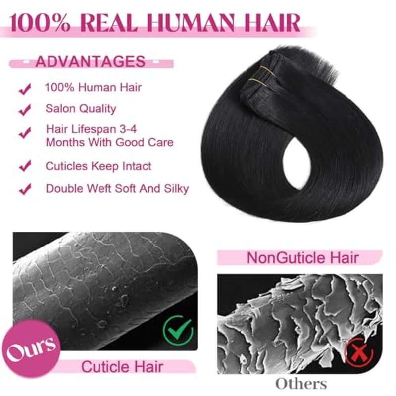 Clip in Hair Extensions Real Human Hair, Remy Human Hair Extensions Clip ins for Women, 100% Natural Human Hair, Double Weftm, 24inch 120g 8Pcs, #1 Jet Black