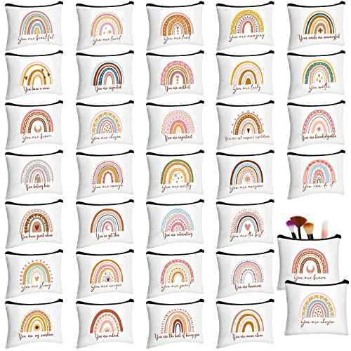 Pinkunn 32 Pcs Boho Canvas Makeup Bags Bulk Employee Appreciation Gifts for Women Inspirational Cosmetic Gifts Bags for Staff Team Pouch Travel Toiletry Pouch