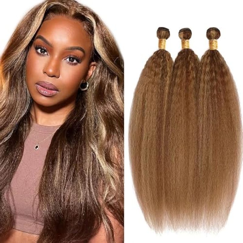 26 26 26 Inch Brown Bundles Human Hair Highlight Kinky Staight 3 Bundles Unprocessed Peruvian Virgin Honey Blonde Same Length Human Hair Extensions for Women Real Hair