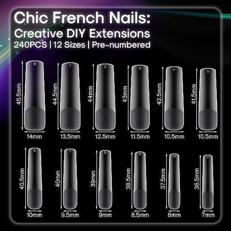 Flattened No C Curve, XXL Square Nail Tips, Full Matte Clear Half Cover Tapered Square Straight Flat Tips for Acrylic Nails Salons Home DIY Extensions(12 Sizes 240PCS)