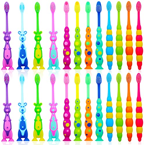 Toddler Toothbrush Pack - 24 Pieces, Soft Bristle Animal Toothbrushes with Covers, Suction Cup, Sensitive Teeth