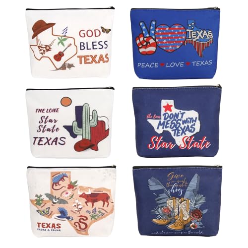 6 Pcs Texas Souvenir Gifts Cosmetic Bag Texas Makeup Bag Texas Themed Zipper Pouch Texas Gifts for Women Traveler Souvenirs