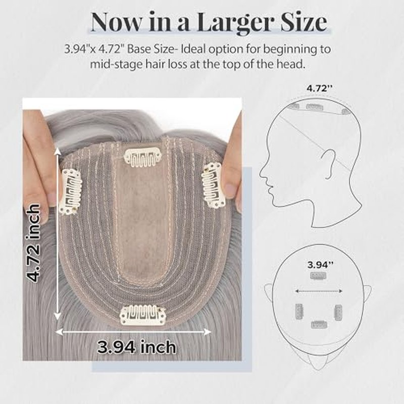 Human Hair Topper for Women with Thinning Hair, 4 Clips, Silk Base 3.94x4.72, No Front Bangs, 10 Inches Lengths, Grey Color, Achieve a Fuller, More Youthful Appearance