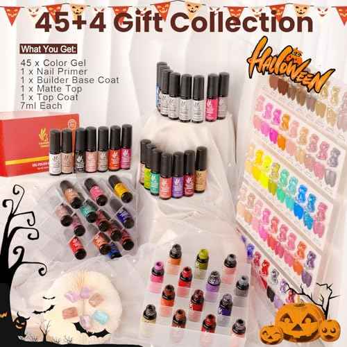 Lavender Violets 49pcs Gel Nail Polish Set 45 Colors Neon Glow in the Dark Effect with Nail Primer Builder Base Coat Glossy & Matte Top Coat Jelly Shades for Halloween Nail Art Design A950
