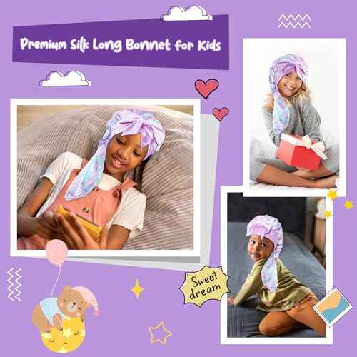 Lolalet Kids Bonnets for Girls, Long Silk Bonnet for Sleeping Kids Satin Bonnet Cap with Tie Band for Dreadlocks Braid Afro Curly Hair -1 PC, Laser