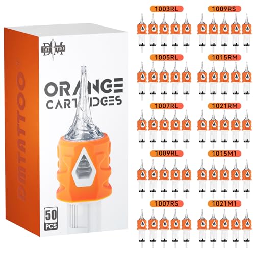 Tattoo Cartridge Needles 50PCS Assorted Mixed Size #10 Round Liner Shader Magnum 3RL 5RL 7RL 9RL 7RS 9RS, 15RM 21RM 15M1 21M1 Disposable Tattoo Needle with Membrane for Rotary Tattoo Machine Pen Gun