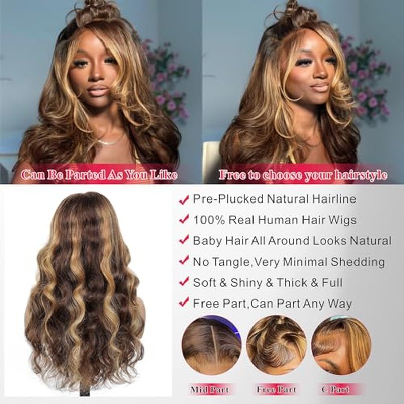 Honey Blonde Ombre 13x6 Lace Front Wigs Human Hair 200% Density Highlight Body Wave HD Lace Front Wigs Pre Plucked Glueless P4/27 Colored Wig for Women Average Cap Tangle Free 24in