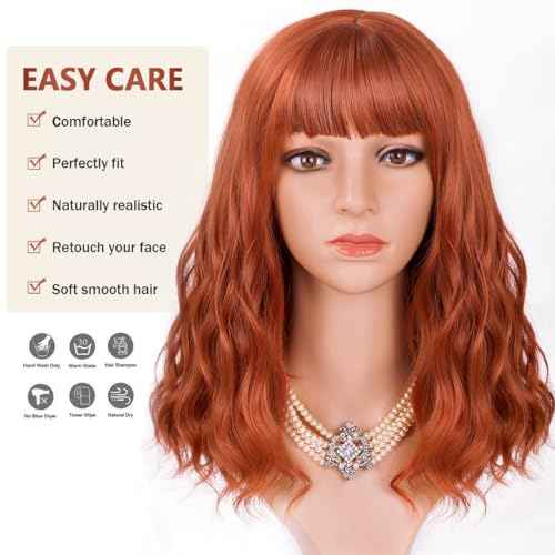 Auburn Bob Wig with Bangs Short Wavy Copper Red Wigs for Women Shoulder Length Burnt Orange Curly Bob Wigs Heat Resistant Synthetic Wigs for Halloween Cosplay Daily Party Use 14 Inch