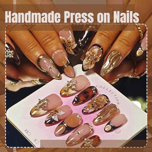 Handmade Acrylic Press On Nails Almond, Brown Press On Nails Medium, Flower 3D Nails French Tip Amber Gold Chrome For Women Gift, Reusable Stick On Fake Nails Kit With Nail Glue(Amber Bloom-S)
