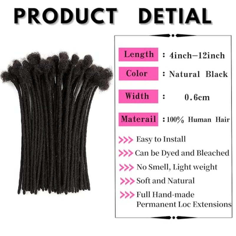 Loc Extensions Human Hair 12 Inch 0.6cm Thickness 40 Strands 100% Full Handmade Permanent Dreadlock Extensions Real Human Hair For Women Men Kids Can Be Dyed Bleached Curled (Width 0.6cm Natual Black)