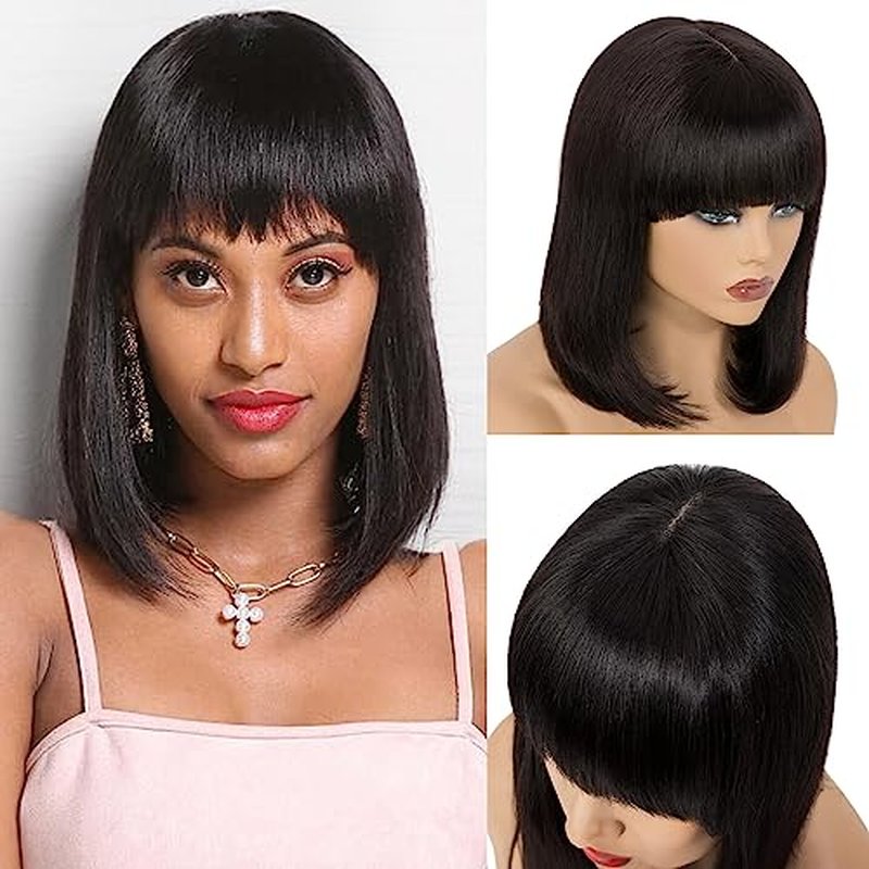 Benehair 12 Inch Light Yaki Straight Human Hair Wig Bob Wig with Bangs 2.75x1 Realistic Look Lace Glueless Wigs Human Hair Blunt Cut Short Black Bob Wig with Bangs 180% Density Natural Black
