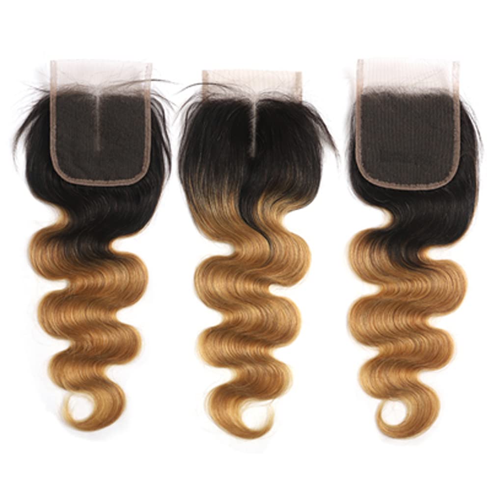 4x4 Lace Closure - 1B27 Ombre Body Wave Brazilian Human Hair Extensions | Pre-Plucked, Bleached Knots, 16 Inch