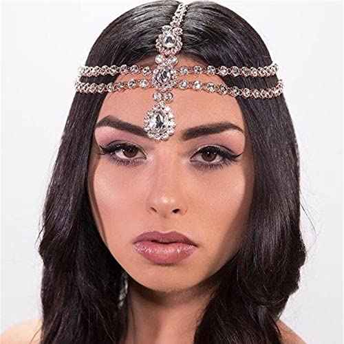 YERTTER Bohemian Full Silver Gold Rhinestone Chain Colorful Crystal HeadChain Clip Drop Pendant HeadPieces Forehead Headband Hair Accessories for Wedding Brides Party Prom Costume