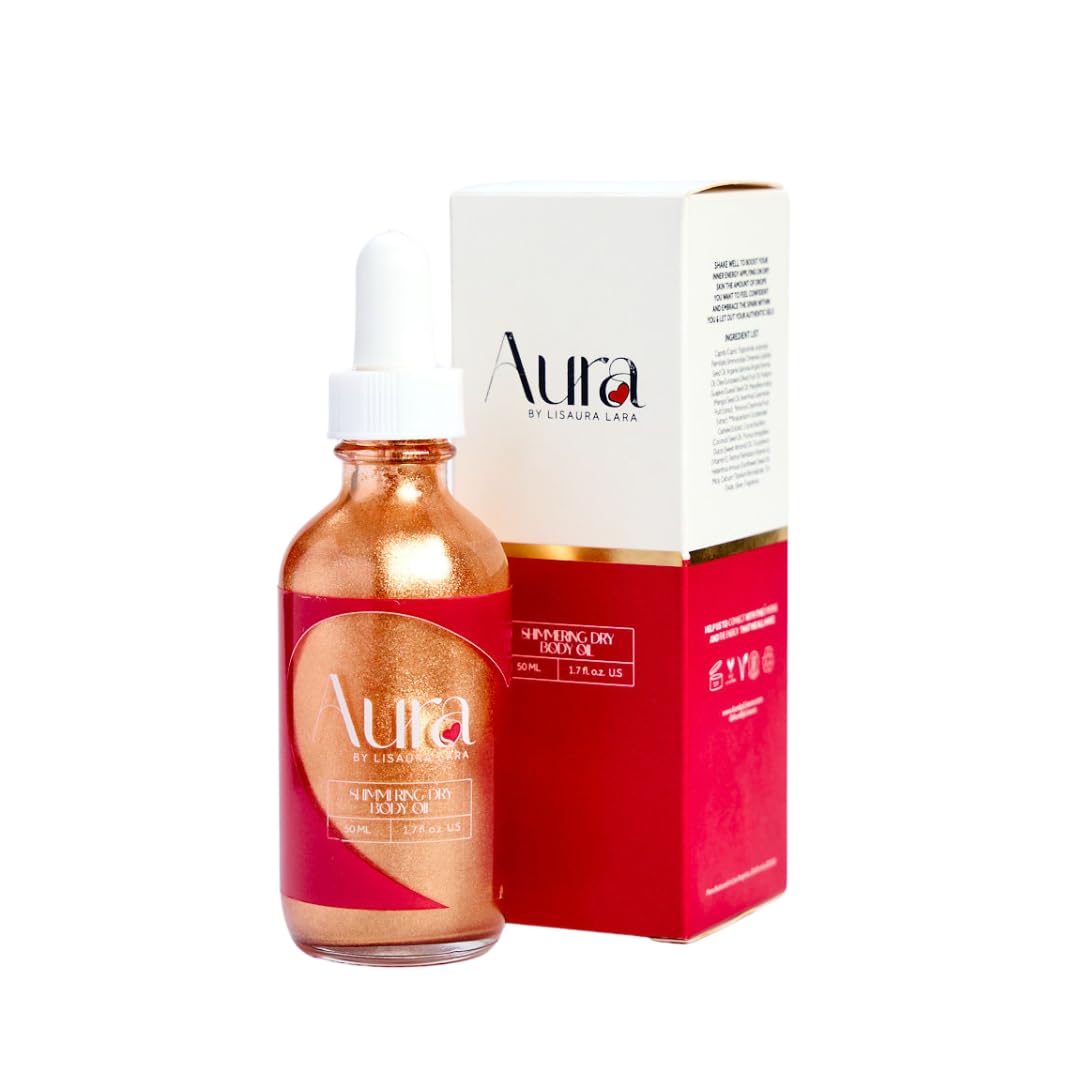 AURA Shimmering Dry Body Oil – Non-Greasy Ultra-Hydrating Glow | Hypoallergenic with Coconut, Almond & Argan Oils + Vitamins A & E | Lightweight Travel Size 1.7 oz