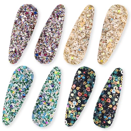 8 Count Sparkly Hair Barrettes for Women Girls,Bling Sequins Makeup Hair Accessories Clips,2.6" for Bangs Hairstyling,4 Assorted Glitter Colors