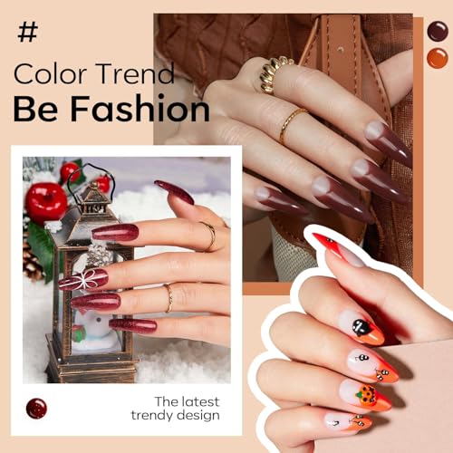 modelones Gel Nail Polish Set, 6 Colors 2025 Fall Winter Thanksgiving Maple Burnt Orange Brown Maroon Burgundy Red Glitter Gel Polish Cherry Mocha Turkey Pumpkin Color Changing Nail Polish LED Gift