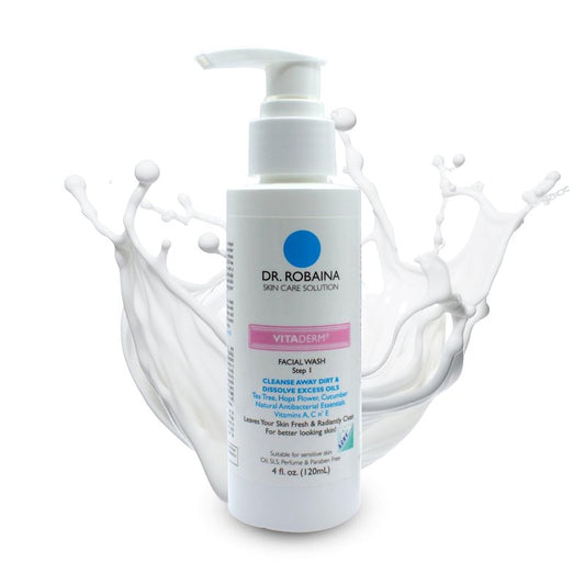 Dr. Robaina VITADERM™ Step 1 Facial Wash for Acne Reduction, Redness Relief & Gentle Daily Cleansing with Aloe Vera, Vitamins A, C & E. Suitable for Acne-Prone Skin, Made in the USA, 4 fl. oz