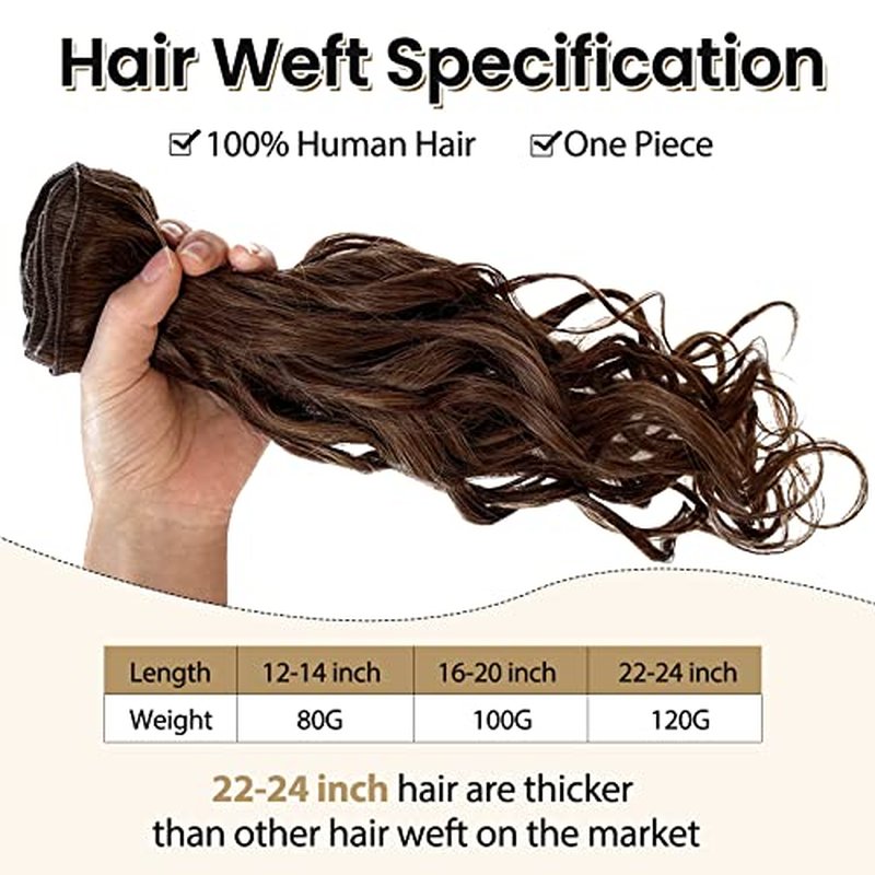 Sew in Hair Extensions Real Human Hair 24 Inch 120G Curly Weft Hair Extensions Human Hair #4 Medium Brown Natural Wave Sew in Human Hair Weft Weave Bundles Double Weft Hand Tied Weft Human Hair