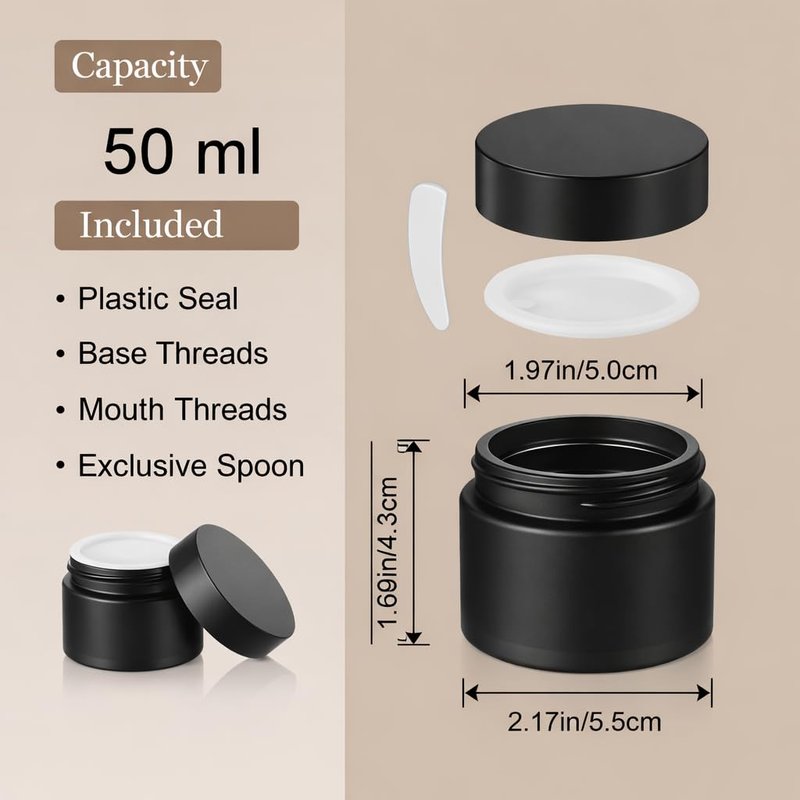 Lustervial 45Pack 2oz Small Glass Jars with Lids, Lotion Container, Cosmetic Containers, Little Travel Jars for Creams with Mini Spoon, Black Label (Matte Black)
