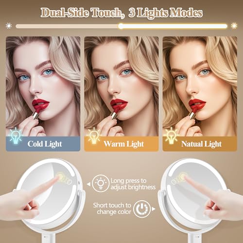 Makeup Mirror with Lights, Double Sided 1x/20x Magnifying Mirror with Light, Rechargeable 3 Color Lights and Adjustable Brightness, 360¡Æ Rotation Detachable Comes with Tweezer(White)