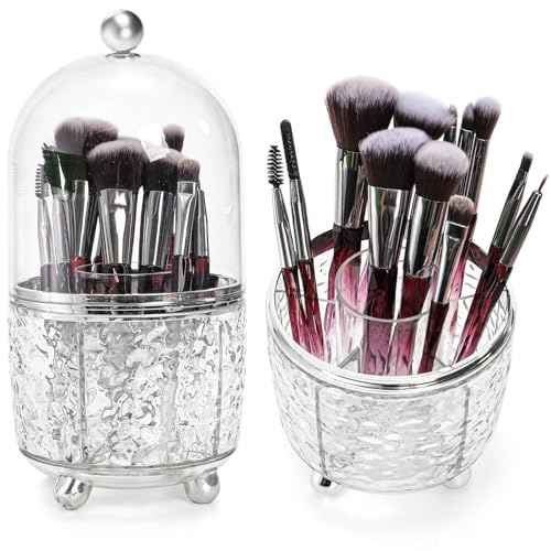 Rotating Makeup Brush Holder, Dustproof Cosmetic Tools Organizer with Lid, 360¡Æ Spinning Covered Brushes Storage with Anti-slip Pads for Vanity, Bathroom Countertop & Bedside Table, Clear