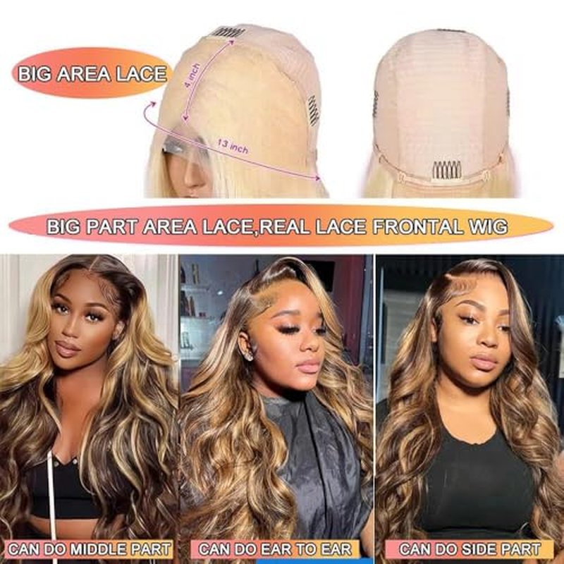 Ombre Highlight Lace Front Wigs Human Hair Body Wave 26 Inch 13x4 HD Transparent Ombre Lace Front Wig Human Hair Wear and Go Glueless Wig Colored 4/27 Highlight HD Lace Frontal Wigs for Black Women