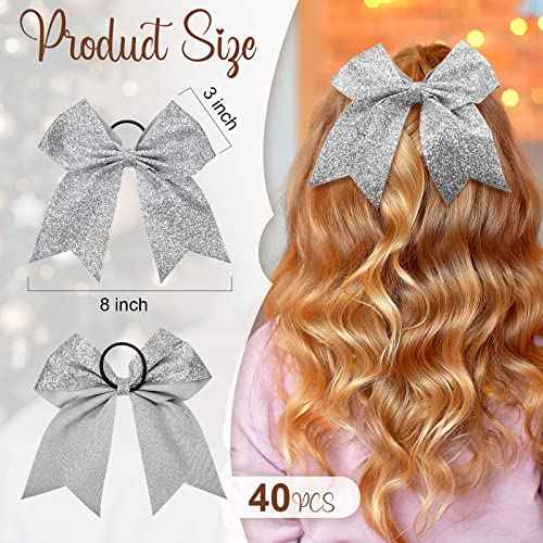 Yunsailing 40 Pcs 8 Inch Large Glitter Cheer Hair Bows Bulk, Shiny Cheerleading Bows Ponytail Holder for Cheerleader Girls Softball Sports and Christmas Tree Decor(Silver)