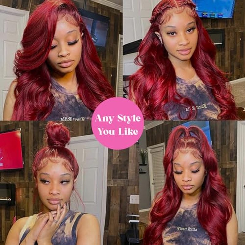 99j Burgundy Lace Front Wigs Human Hair 13x4 HD Transparent Body Wave Lace Front Wigs Human Hair Pre Plucked 180% Density Glueless Wine Red Human Hair Wigs for Women (28)