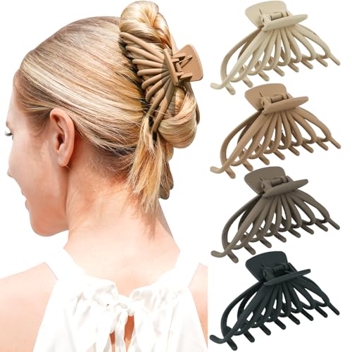 4 Pack Hair Claw Clips for Women, 4.7¡®¡¯ Large Hair Clips for Thick Thin Hair, Non-slip Matte Big Hair Claws for Girls (Black, White, Brown, Khaki)