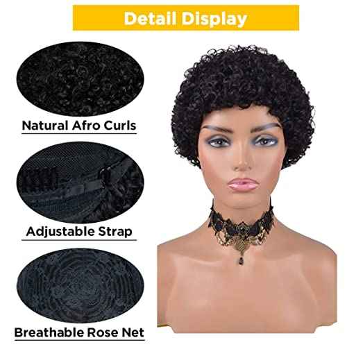 Star Flower Short Curly Wigs Human Hair Afro Kinky Curly Wig Pixie Cut Wig Human Hair 150% Density None Lace Front Black Wigs