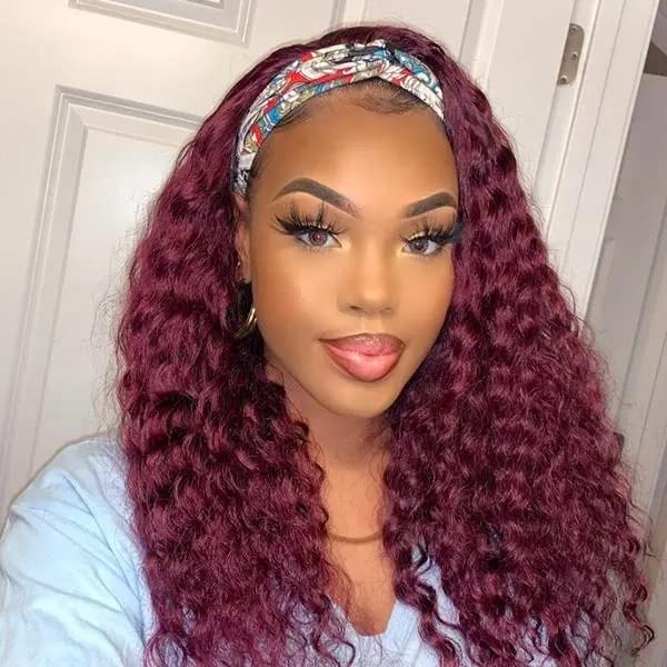 Headband Wig - 99J Burgundy Deep Wave | 10 Inch 180% Density Human Hair Wig