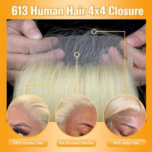 QTHAIR 16A #613 Straight HD Lace Closure(18") Russian Blonde #613 Straight 4X4 Human Hair Lace Closure 100% Platinum 613 Honey Blonde Human Hair for Black Women