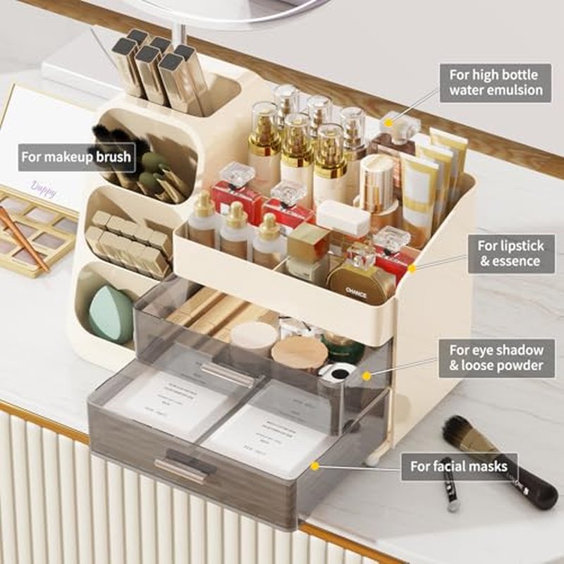 Makeup Organizer for Vanity,Vanity Organizer with Drawers and Brush Holder,Bathroom Make Up Organizer Countertop,Large Cosmetic Organizer for Skincare, Perfume,Lipsticks,Nail Polish (Cream)