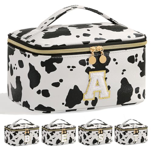 Personalized Monogram Makeup Bag with Dividers - Cow Print Travel Toiletry Organizer for Women | Waterproof Cosmetic Pouch with Brush Holder & Handle (9.8x6.7x5.1in)