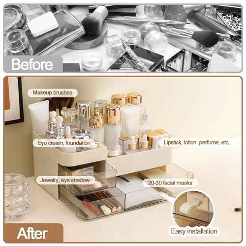 DASITON Makeup Organizer with 3 Drawers,Skincare and Cosmetics Organizer Countertop,Makeup Organizers and Storage with Brush Holder,Large Cosmetic Display Case for Vanity,Desk,Bathroom,Bedroom(Cream)