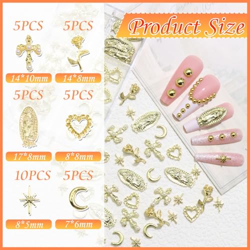 BELICEY 2 Boxes 3D Nail Charms Mix Gold Star Cross Virgin Mary Charms for Nails Gold Flatback Nail Pearls Nail Decoration Gems Pearls for Nails Jewelry for DIY Nail Art Supply Accessories Crafts