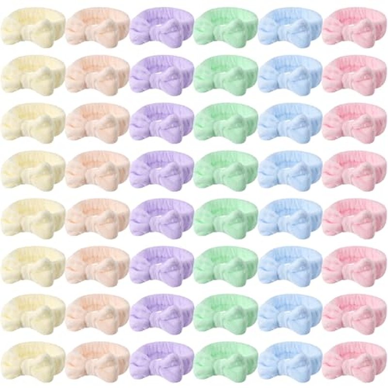 WILLBOND 48 Pieces Pastel Spa Headband Bulk Flannel Bow Hair Band Fluffy Plush Facial Makeup Headband for Women Washing Face Spa Shower Cleansing