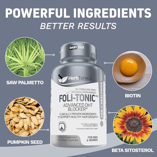 Hair Growth Vitamins for Women & Men | DHT Blocker with Saw Palmetto & 10000mcg Biotin, Foli Tonic Hair Growth Supplement ? Supports Fuller, Thicker Hair Appearance, Non-GMO, 60 Vegan Capsules