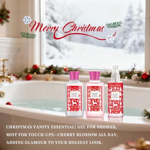Christmas Bath and Body Gift Set - Festive Japanese Cherry Blossom Spa Kit with Gel, Lotion, Mist, a Must-Have Holiday Gift for Mom, Wife, Sister & Friends to Celebrate Christmas