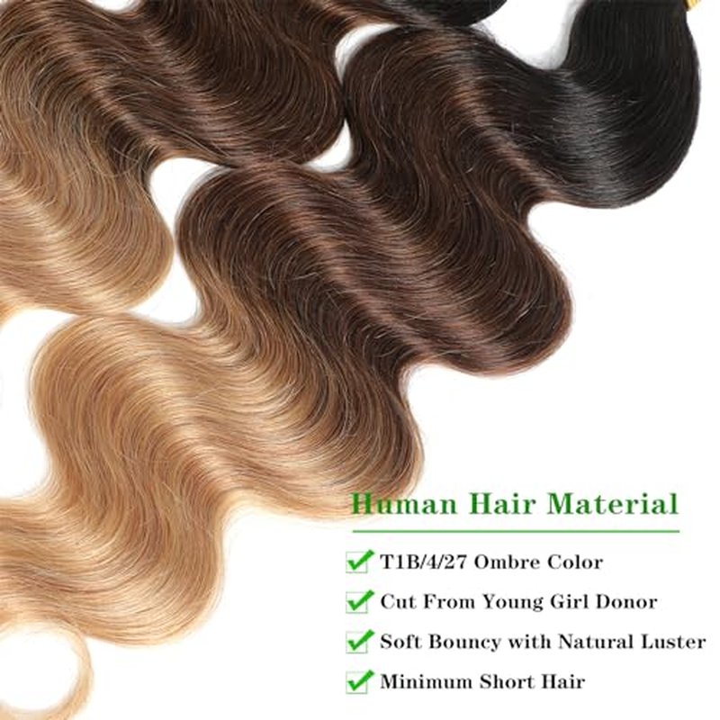Kapelli Ombre Human Hair Bundles Body Wave (T1B/4/27,18" 20" 22") 10A 100% Brazilian Virgin Remy Hair Bundles 3 Tone Black to Blonde Human Hair Weave