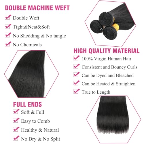 Human Hair Bundles Straight Brazilian Virgin Straight Human Hair 3 Bundles Weaves 100% Unprocessed 16 18 20inch Bundles Natural Black