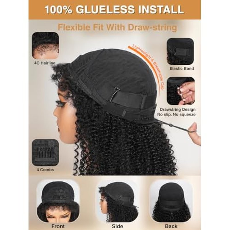 Kinky Curly Half Wig Human Hair Upgrade 4C Edge Hairline 200% Density Wear Go Glueless 3 In 1 Drawstring Seamless Flip Over Wig for Women Daily Wear Headband Wig Beginner Friendly (18 inch)