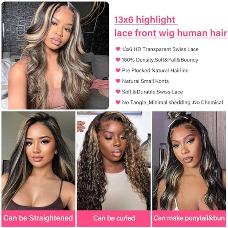 Juvid 13x6 Balayage Wig Human Hair Body Wave HD Transparent Lace Front Glueless Wigs Pre Plueked FB/27 Highlight Ombre Honey Blond Wig 200% Density Colored Lace Frontal Human Hair Wigs 20inch