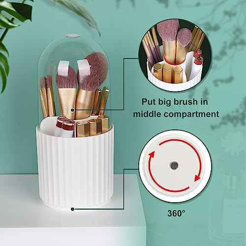 JessLab Makeup Brush Holder Organizer with Lid, 360 Degree Rotatable Makeup Brush Organizer Spinning Cosmetics Holders Brush Storage Box Display for Bathroom Vanity Countertop, White