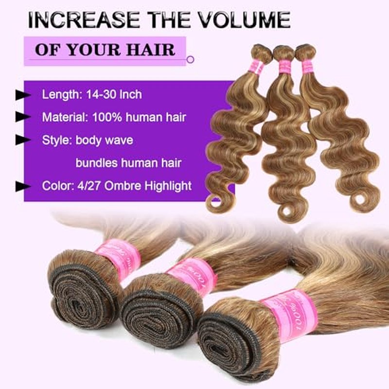 Vallbest Ombre Human Hair Bundles with Closure 14 16 18 +12 Inch Highlight Blonde Bundles Human Hair 4/27 Brown Body Wave with 4x4 Closure 12A Brazilian Virgin Remy Weave Raw Hair Extensions