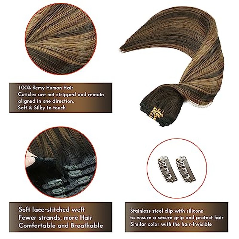 SEACOLOR Stock Clearance: 16 Inch, 140g Balayage Dark Brown mixed with Chestnut Brown Remy Clip In Hair Extensions, 100% real Human Hair Highlights on Dark Brown Hair #T2/6/2